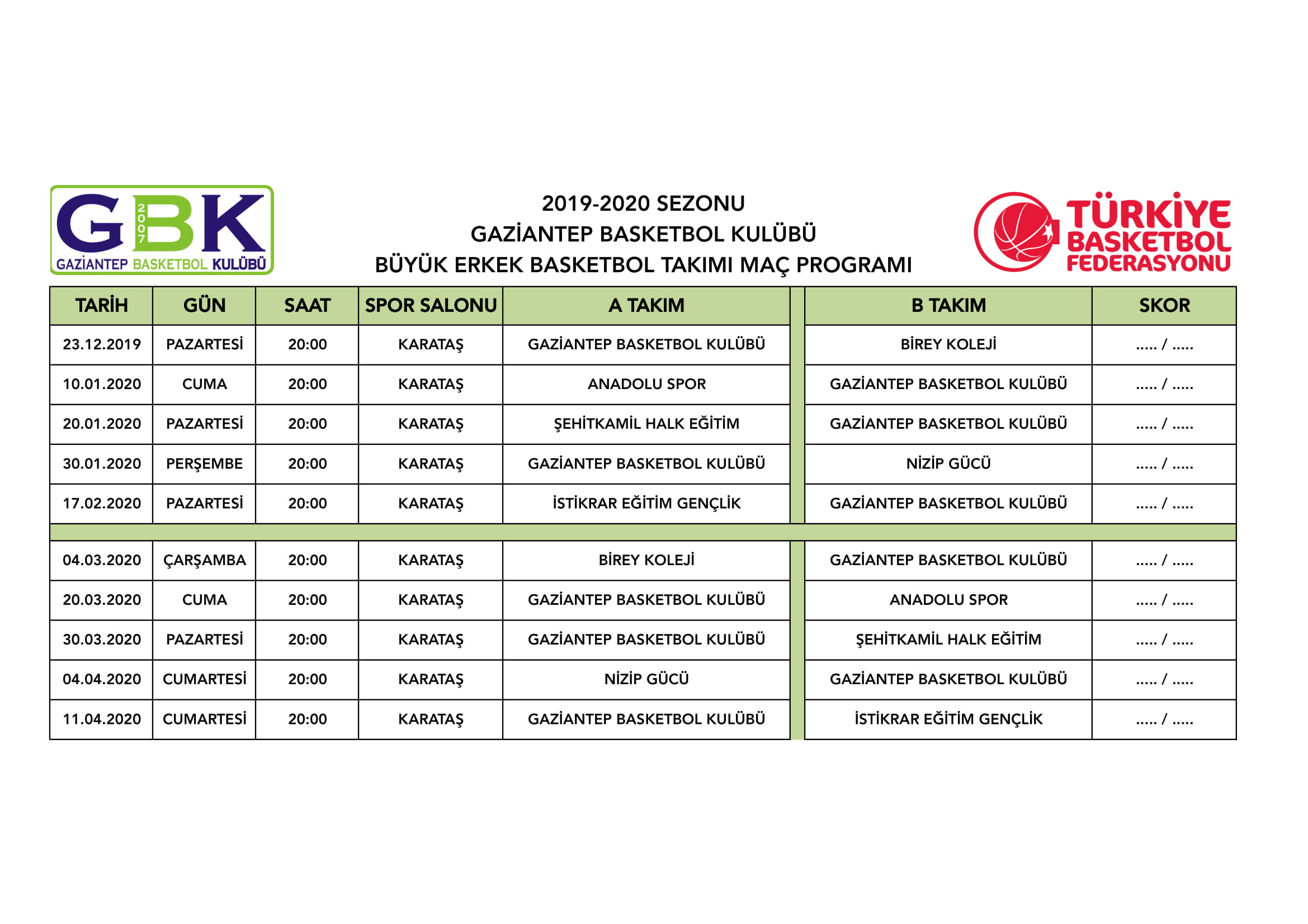 BÜYÜK ERKEK BASKETBOL TAKIMIMIZIN MAÇ PROGRAMI