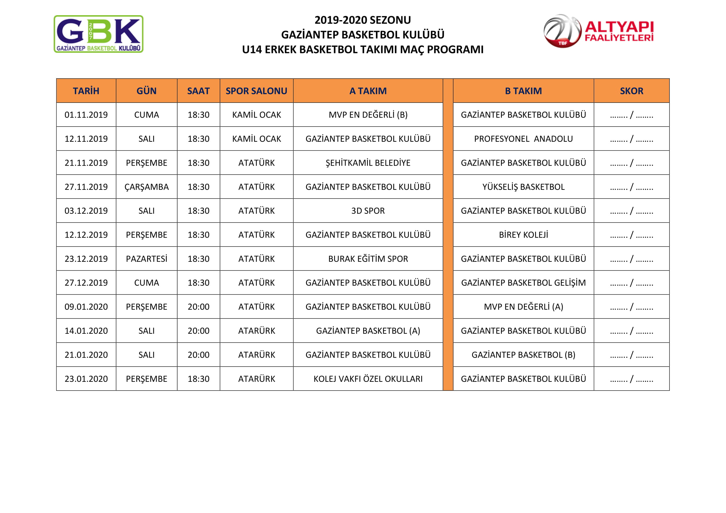 U14 ERKEK BASKETBOL TAKIMIMIZIN MAÇ PROGRAMI