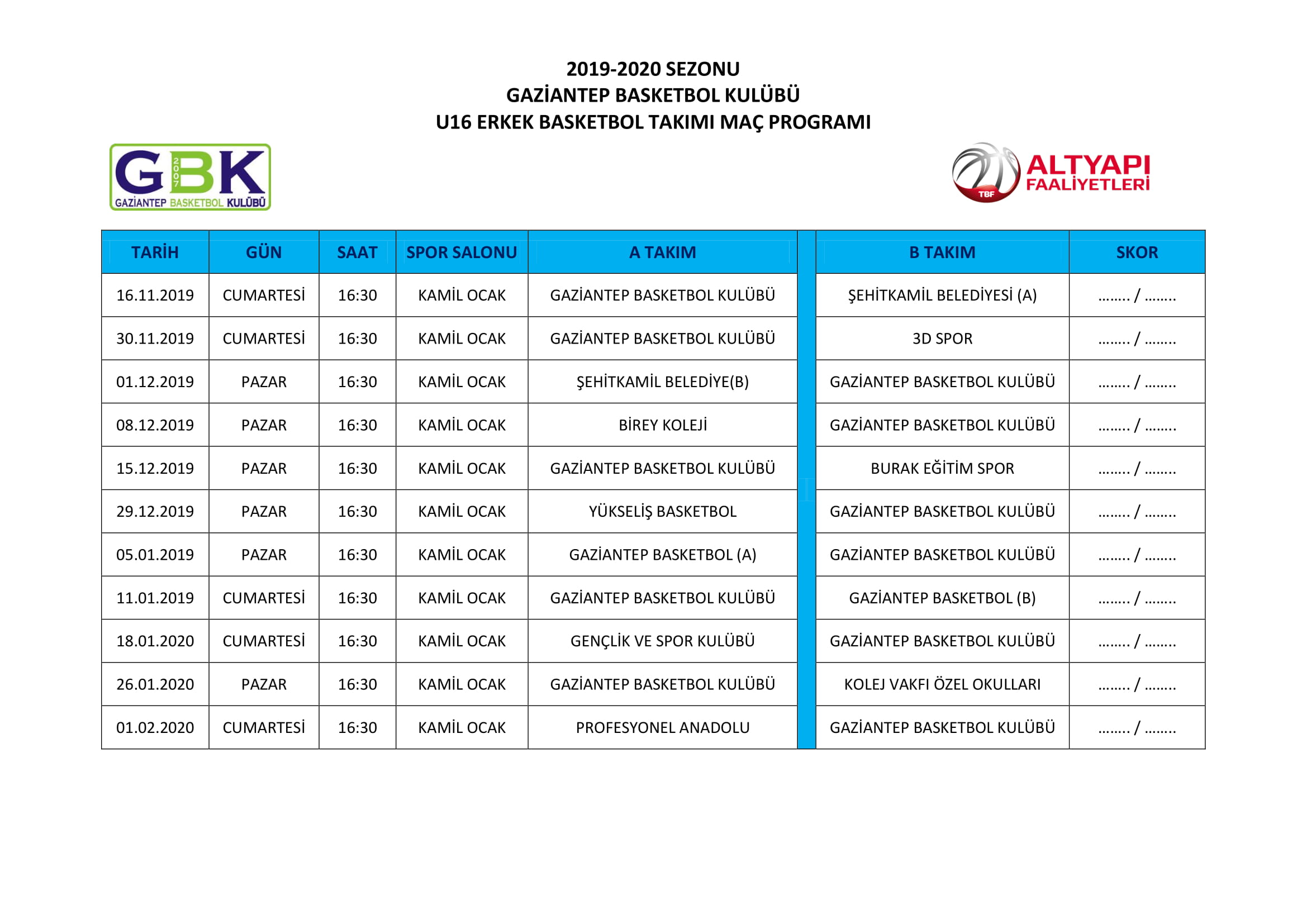 U16 ERKEK BASKETBOL TAKIMIMIZIN MAÇ PROGRAMI